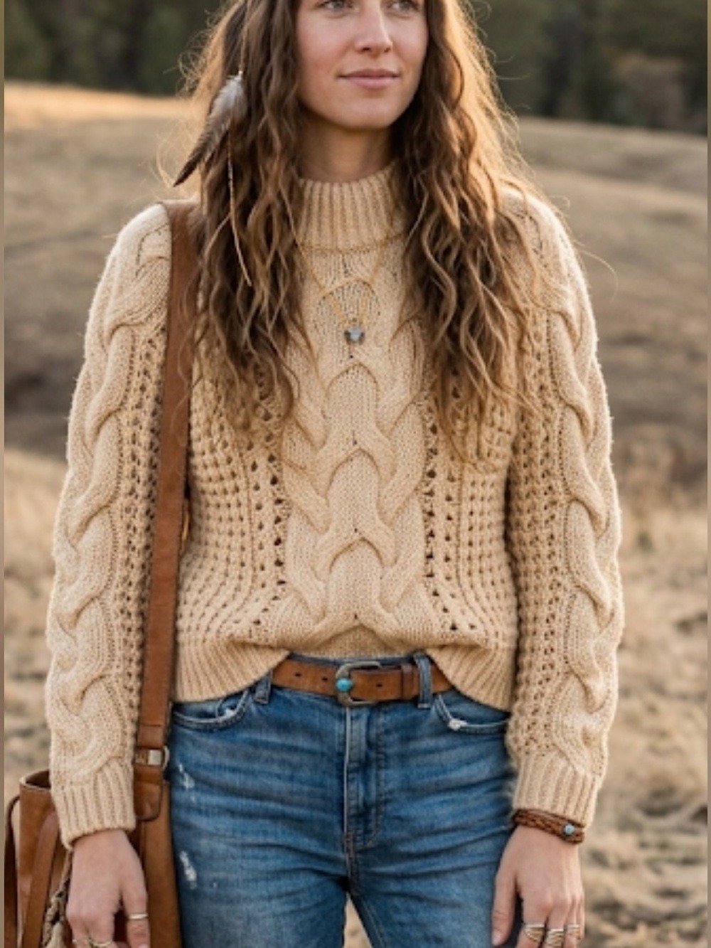 Silver Flint Tan Cable Knit Mock Neck Sweater Metallic Cozy Holiday S